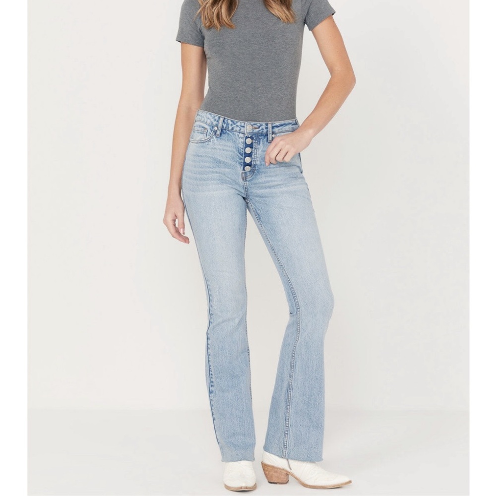 CLEO WOLF  High Rise Boot Cut Jeans Light Wash Exposed Button Fly Size 28/34